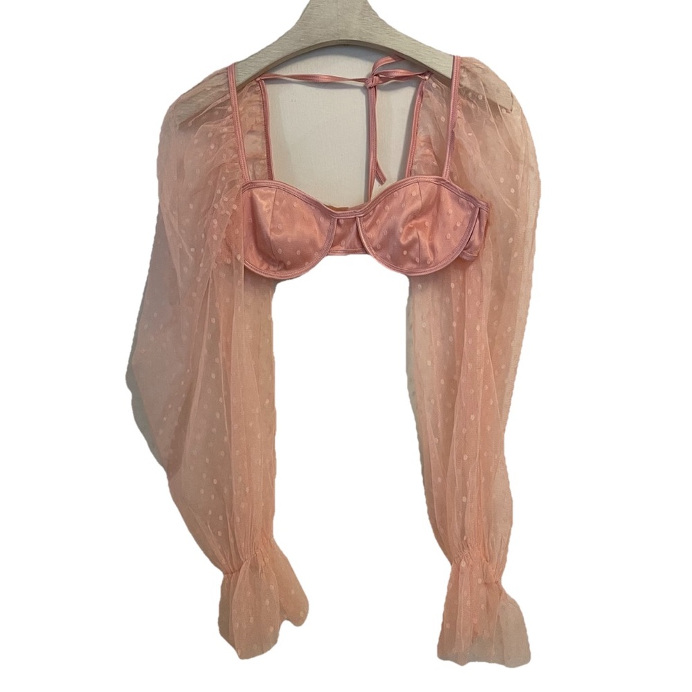 Fashion Nova Top Bustier Pink Polka dot Sheer Long Sleeves Sexy Party Small